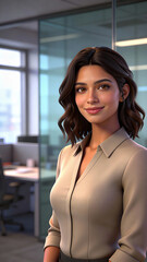A confident businesswoman with a warm smile, standing elegantly in her office