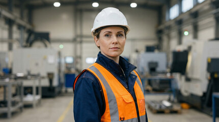A focused worker in a factory, confidently wearing a hard hat and safety vest, looking directly at the camera. She's standing in a busy manufacturing environment