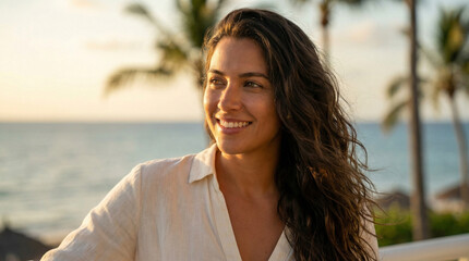 A young woman enjoys the view from a beachside balcony, smiling at the sun, with palm trees and ocean views in the background. She is captured with soft light and a serene atmosphere