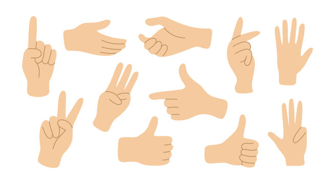 Hand gesture finger vector flat sign. Three set pose hand gestures pointing cartoon human sign