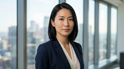 A portrait of a sophisticated woman in a business setting with a backdrop of a city skyline