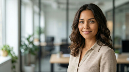 A confident woman in a business setting, smiling warmly at the viewer