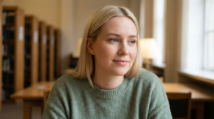 A portrait of a beautiful blonde young woman. She is wearing a green sweater and is smiling, possibly daydreaming, with bookshelves in the background
