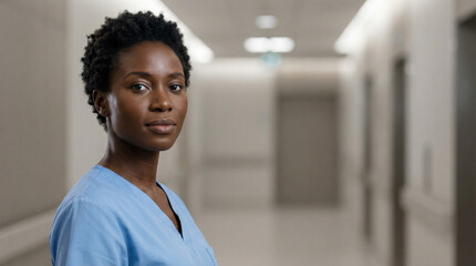 A determined female healthcare worker stands in a hospital hallway