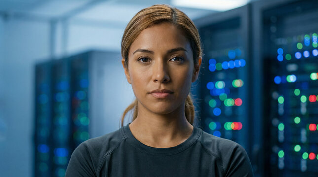 Portrait of a focused woman in a server room, symbolizing tech expertise and data management - Powered by Adobe