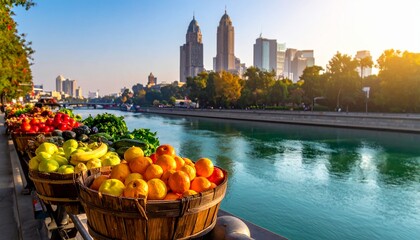 Fototapeta premium Brightly colored fruits and vegetables in wooden baskets beside a waterway and palace 