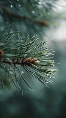 Closeup of fresh pine needles with dew, showcasing natural beauty and vibrant green tones, perfect for commercial fragrance or nature-themed projects