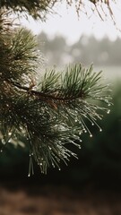 Close-up of pine needles with dewdrops, capturing fresh green textures and natural beauty, ideal for commercial nature, fragrance, or wellness projects