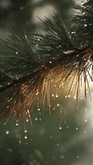 Fresh pine needles with sparkling raindrops and sunlight, perfect for nature-inspired designs, fragrance concepts, and commercial creative projects