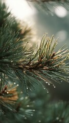 Close-up of pine needles with morning dew, capturing natural freshness and vibrant green tones perfect for commercial and fragrance-related projects