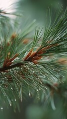 Close-up of fresh pine needles with dew drops, showcasing vibrant greenery and natural texture, perfect for commercial and design projects