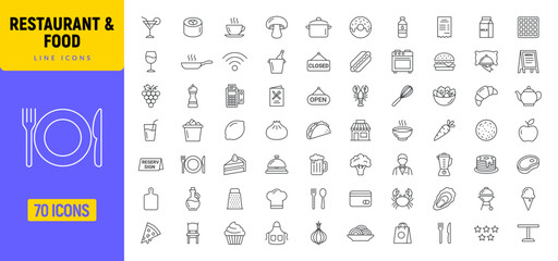 Restaurant food line icon set. Restaurant menu pizza beverage burger grill icons