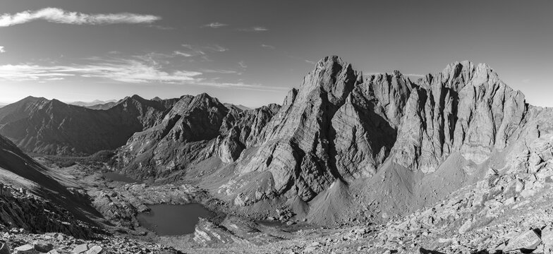 This black-and-white Colorado mountain panorama features fourteeners (14ers): The Crestones, Crestone Peak and Crestone Needle rising above beautiful South Colony Lakes.