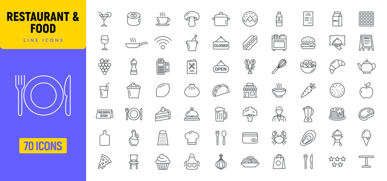 Restaurant food line icon set. Restaurant menu pizza beverage burger grill icons