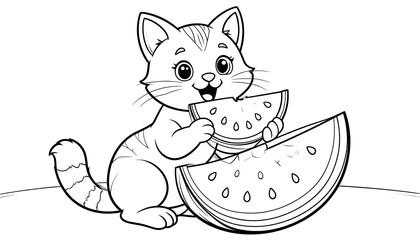 A line drawing of a smiling cat, joyfully eating a large watermelon slice, sitting down, with details