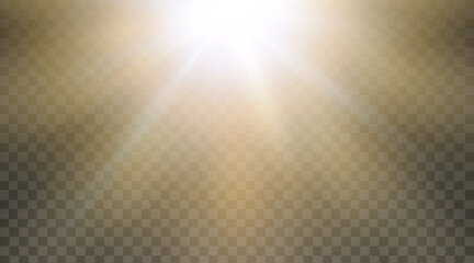Sunlight effect background. Sun light ray flash golden glow yellow burst isolated on transparent sunshine