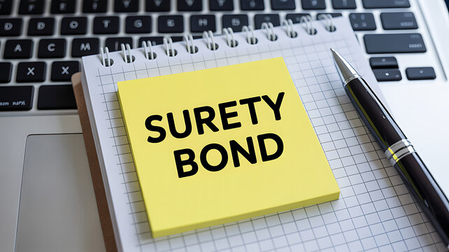 Surety bond on a notebook next to a laptop keyboard and pen
