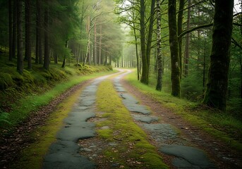 Obraz premium Enchanting forest path winds through the vibrant green landscape