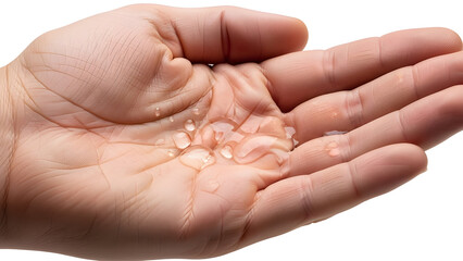 Open palm with water droplets on white background representing freshness, hydration and self-care.