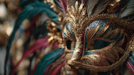 Naklejka premium Carnival mask close up with feathers and glitter on a festive background with large copy space and dramatic lighting
