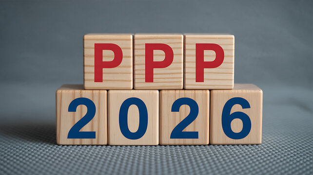 Wooden blocks spelling PPP 2026 in red and blue on gray surface
