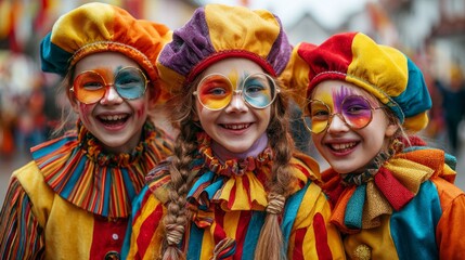 Obraz premium Children in colorful costumes celebrate Fasching in a joyful outdoor event during daylight hours