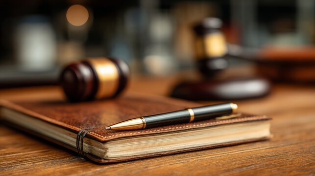Notebook and official documents on desk with gavel representing civil law concept in office setting