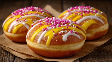 Freshly baked Berliner donuts on display for Cologne Carnival festivities and celebration in studio setting during winter season