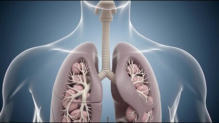 Detailed anatomical illustration of human lungs and trachea visible through transparent torso from a frontal viewpoint - Powered by Adobe