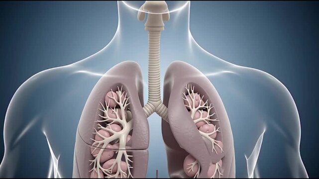 Detailed anatomical illustration of human lungs and trachea visible through transparent torso from a frontal viewpoint