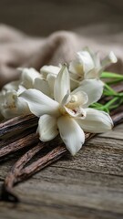 Elegant vanilla flowers and pods on rustic wood, perfect for fragrance, culinary, and wellness concepts with strong commercial appeal