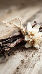 Elegant bundle of vanilla beans and delicate flowers on rustic wood, perfect for commercial fragrance, culinary, or natural product campaigns