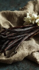Gourmet vanilla beans and delicate flowers on rustic fabric, perfect for culinary, fragrance, and natural product commercial projects