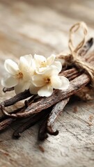 Elegant vanilla beans and delicate white flowers on rustic wood, perfect for commercial use in fragrance, culinary, and natural product branding
