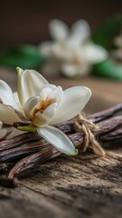 Elegant vanilla flower and beans on rustic wood, perfect for fragrance, culinary, and wellness concepts with strong commercial appeal