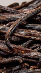 Closeup of aromatic vanilla beans showcasing rich texture and natural color, perfect for culinary, fragrance, and commercial product applications