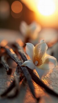 Elegant vanilla pods and flowers in warm sunlight, ideal for fragrance, culinary, and wellness concepts with strong commercial appeal