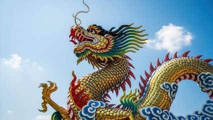 Colorful dragon sculpture with intricate details against a blue sky.