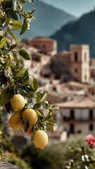 Fresh lemons on a vibrant tree branch with a scenic Mediterranean village backdrop, perfect for commercial, culinary, and travel-themed projects