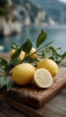 Fresh citron lemons with leaves on a rustic wooden table, vibrant and aromatic, perfect for commercial food, fragrance, or lifestyle campaigns