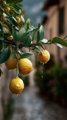 Fresh citron fruits with dewy leaves on a branch, vibrant colors and natural light, perfect for commercial food, fragrance, and lifestyle concepts