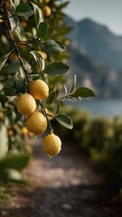 Fresh citrons and lemons hanging on a vibrant tree branch, perfect for commercial use in food, fragrance, and natural lifestyle campaigns