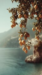 Vibrant lemon tree branches with ripe fruit overlooking a serene coastal landscape, perfect for commercial use in food, travel, and wellness campaigns