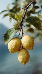 Fresh citron lemons on a tree branch with vibrant green leaves, perfect for commercial use in food, fragrance, and natural lifestyle campaigns