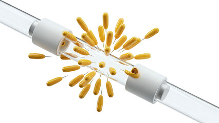 Abstract 3D rendering of yellow capsules exiting a glass tube