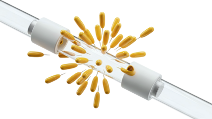 Abstract 3D rendering of yellow capsules exiting a glass tube