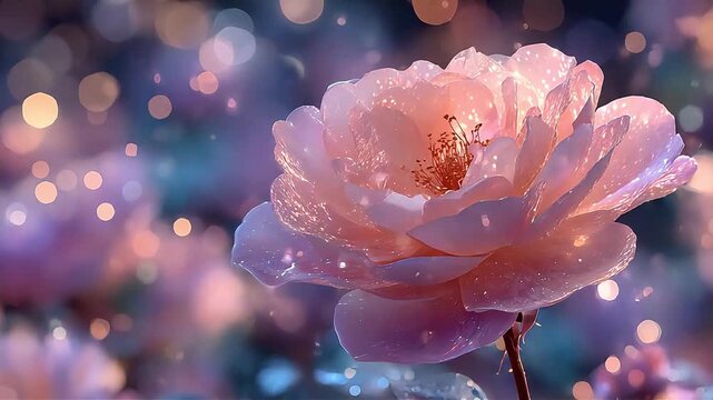 A glowing pink rose, with shimmering bokeh circles and dots, is a stunning example of digital floral artistry.