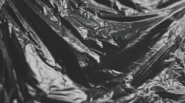 Close-up view of crumpled plastic sheeting texture captured in soft lighting, emphasizing folds and material detail