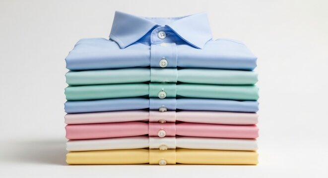 Stack of colorful folded shirts on a white background.