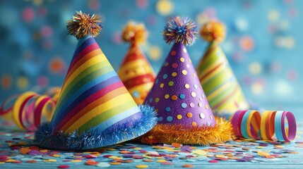 Colorful hats with streamers and confetti on a table during Fasching carnival celebration in bright daylight